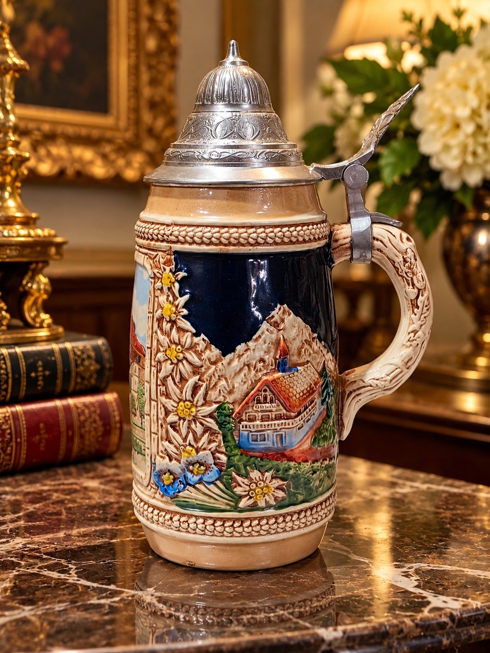 Vintage Original Gerz German Beer Stein Stuttgart Scene Pewter Lid 8.5"